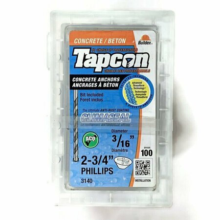 TAPCON 3/16-inch x 2-3/4-inch Climaseal Blue Flat Head Phillips  Concrete Screw Anchors w/Drill Bit, 100PK 3140